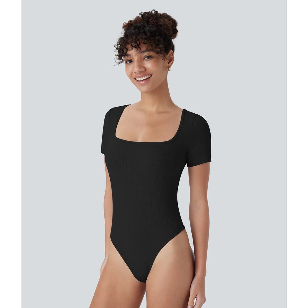Halara Ribbed Knit Square Neck Skinny Work Bodysuit Thong Casual Black L